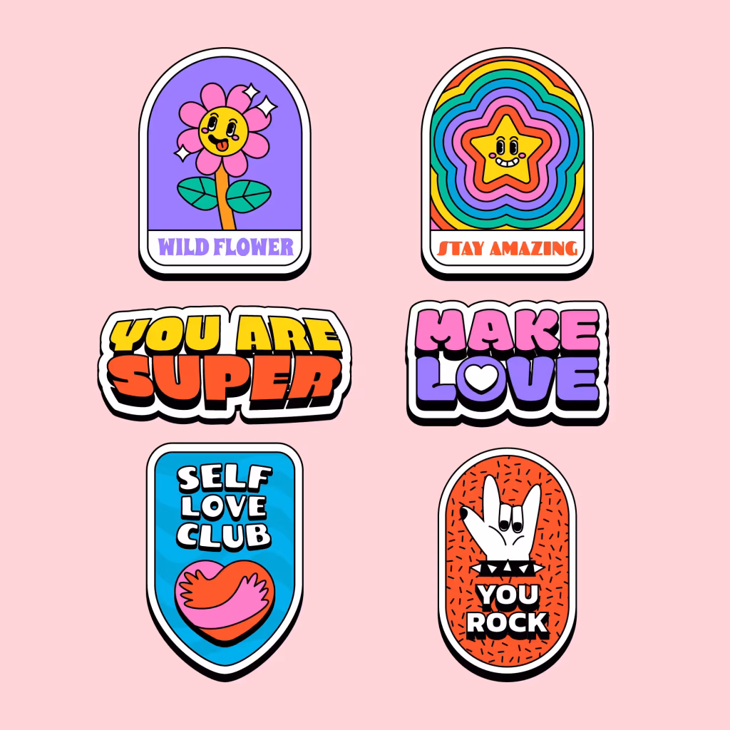 Sześć kolorowych naklejek w stylu retro z motywacyjnymi hasłami: „Wild Flower”, „Stay Amazing”, „You Are Super”, „Make Love”, „Self Love Club” oraz „You Rock”