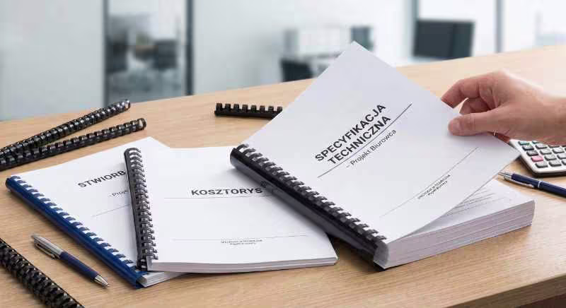 Ekonomiczna oprawa bindowana dokumentacji – specyfikacja techniczna, kosztorys i STWiORB z czarnym plastikowym grzbietem na biurku biura projektowego