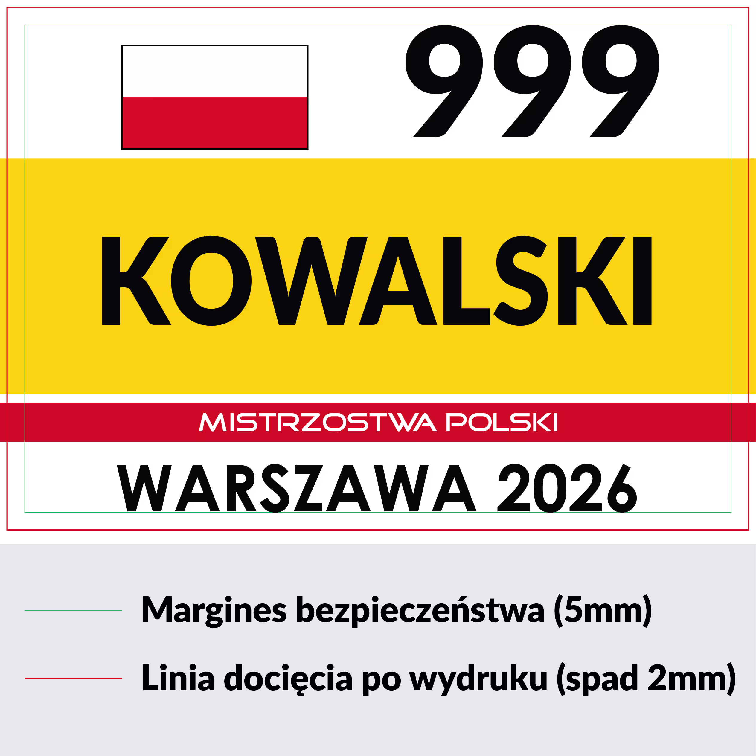 Szablon na stronę Schemat techniczny numeru startowego technikadruku.pl: zaznaczony margines bezpieczeństwa 5mm oraz linia docięcia ze spadem 2mm na przykładzie wzoru Mistrzostwa Polski 2026